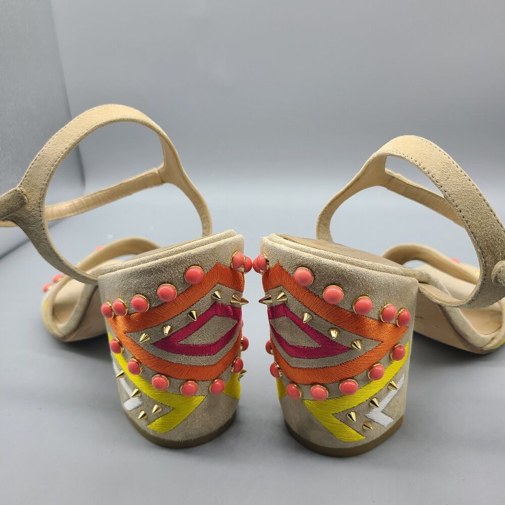 Stuart Weitzman Both Sandal chunky Heel Ankle Straps beige embellished Sz 8 - Picture 7 of 9
